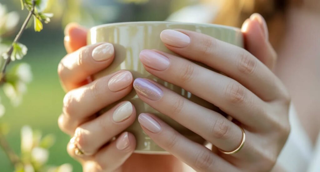 Hand with pastel peach and lavender gradient nails holding a ceramic coffee mug.