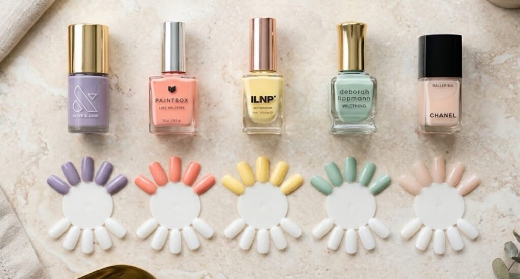 A collection of pastel nail polish bottles with matching color swatches on a marble surface.