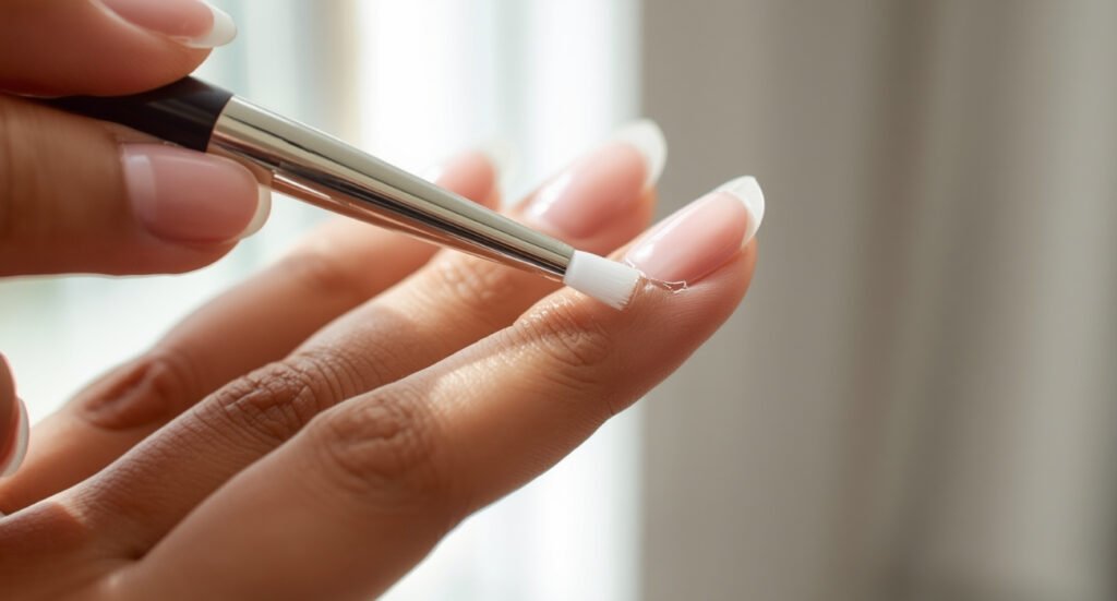Close-up of a person using a small synthetic brush to precisely apply nourishing oil to the cuticles of a French manicure