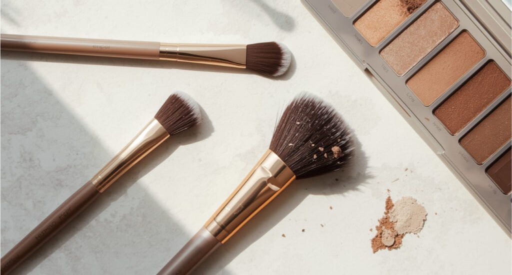 Professional makeup brushes lying next to a neutral-toned eyeshadow palette on a marble surface