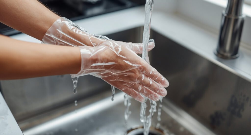 Person wearing clear plastic protective gloves while washing hands or dishes at a kitchen sink to protect a manicure and skin