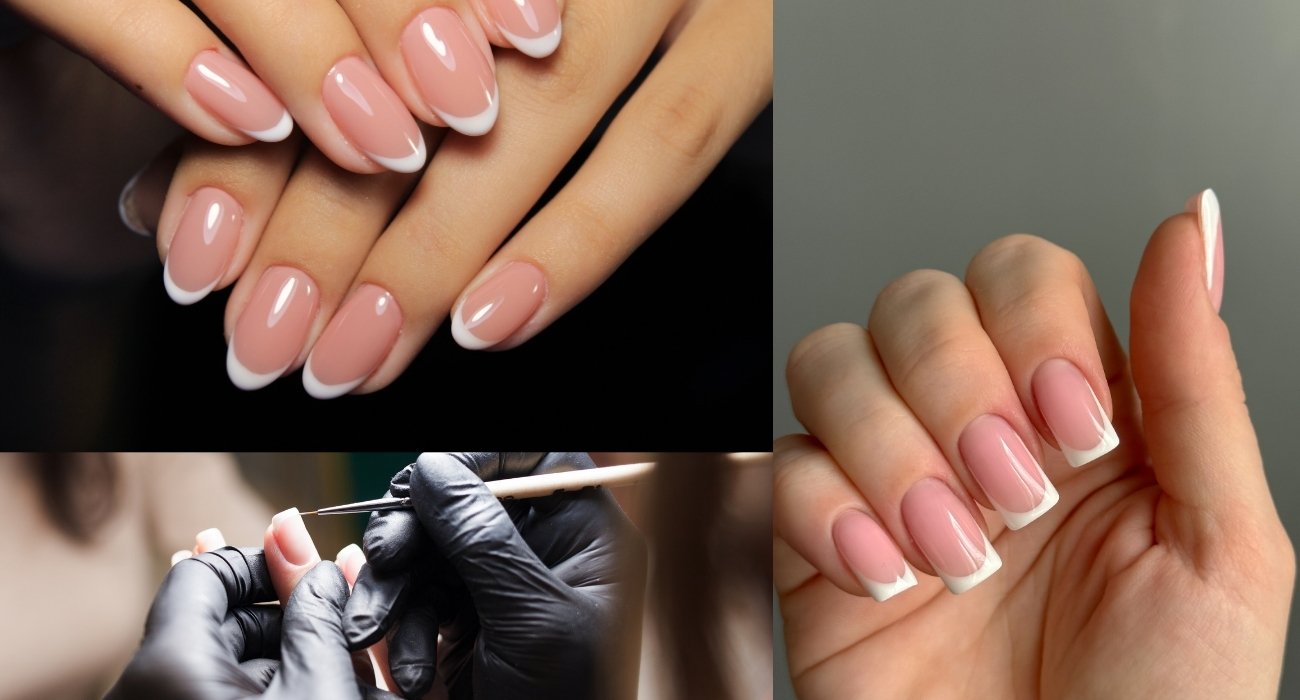 A collage showing professional French manicure results and a nail technician in black gloves using a fine brush for precision detail