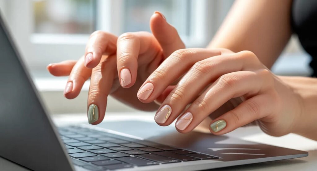 Sage green and nude manicure with thin gold foil accents being used on a laptop keyboard.