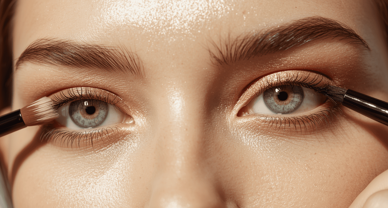 Close-up of shimmering gold eyeshadow being applied to a woman with blue eyes using professional makeup brushes.