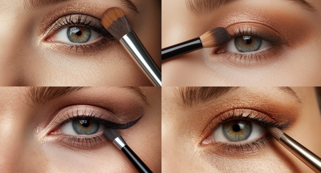 A four-step visual guide showing how to apply eyeshadow and winged eyeliner for a smoky eye look