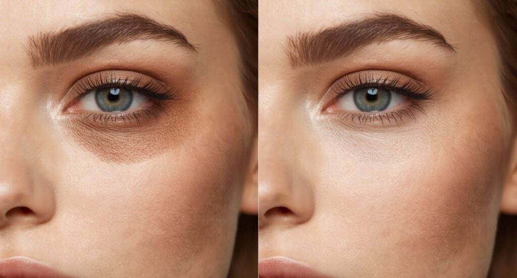 Before and after comparison showing the effectiveness of concealer in covering dark circles under the eyes