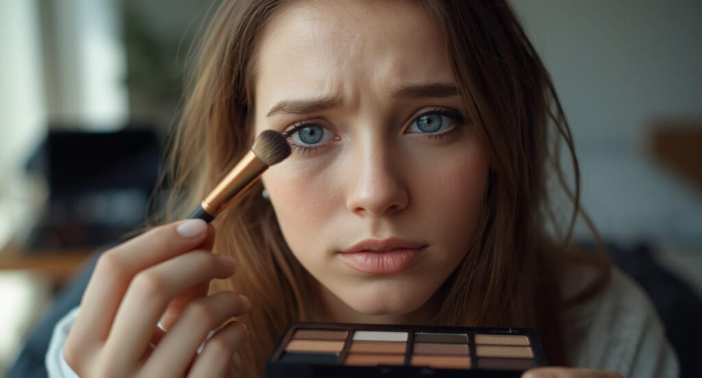 A young woman with a confused expression holding a makeup brush and eyeshadow palette