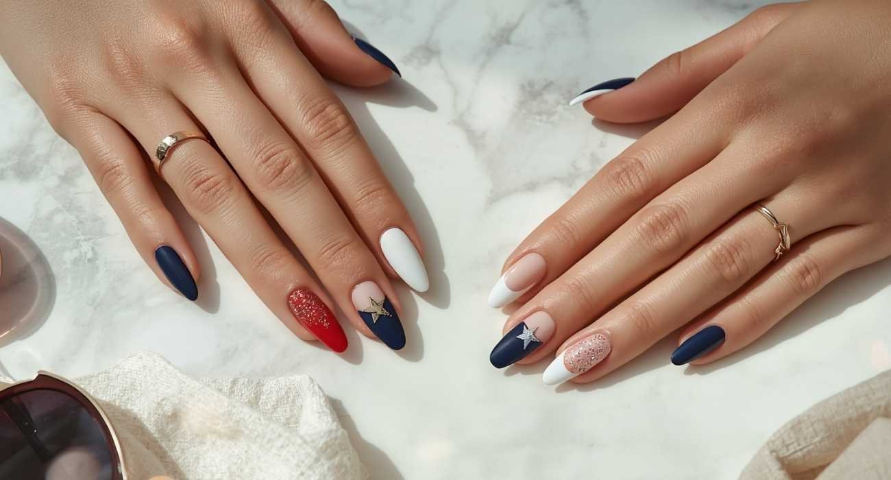 Nautical almond nail design ideas for summer 2026 featuring navy blue and white french tips with silver star details