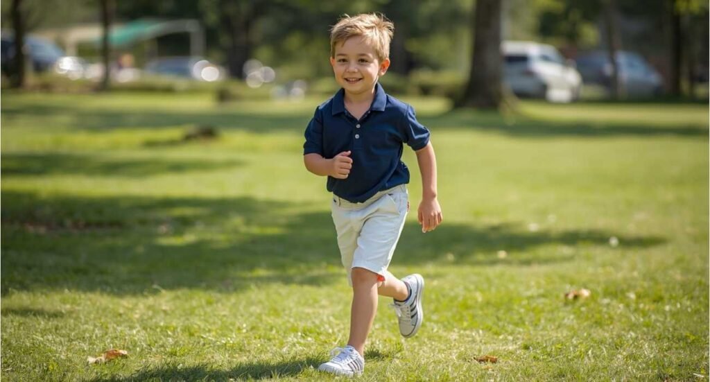 A young boy running through a park wearing a classic navy blue polo shirt and khaki shorts, perfect for kids' 4th of July outfits.