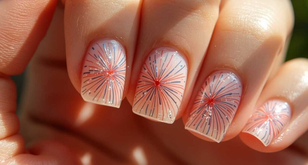 Detailed firework nail art featuring red and blue sunburst patterns on a shimmering translucent base