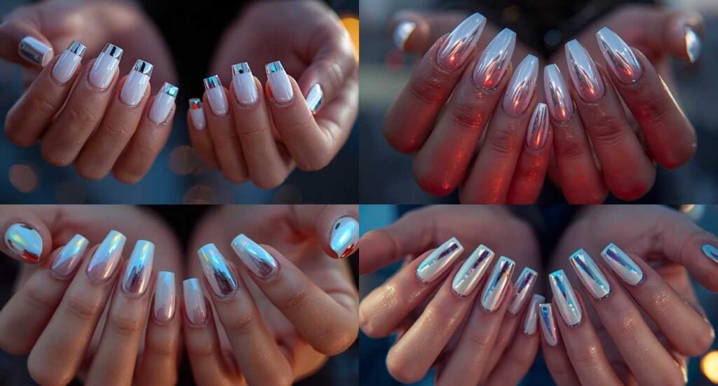 High-shine holographic chrome coffin nails with iridescent reflections and metallic silver tips.