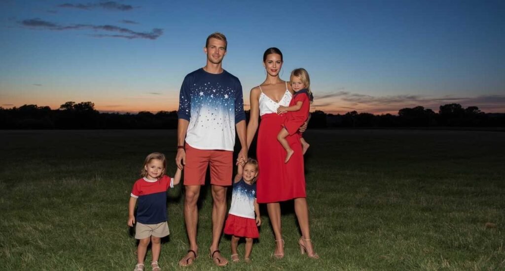 A family of five posing in a grassy field at sunset wearing matching red, white, and navy blue coordinated 4th of July outfits.