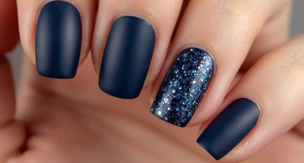 Square matte navy blue nails paired with a full-glitter royal blue accent nail.