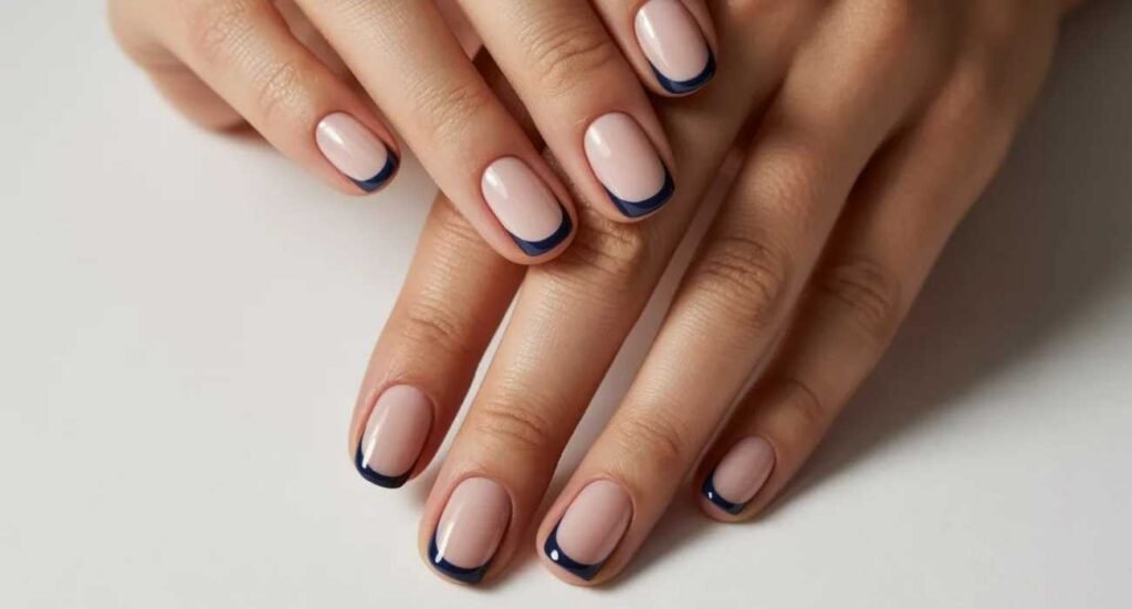 Modern take on a French manicure with thin navy blue tips on a sheer pink base.