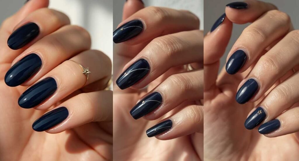 Elegant almond-shaped nails with deep navy blue polish and minimalist silver star accents.