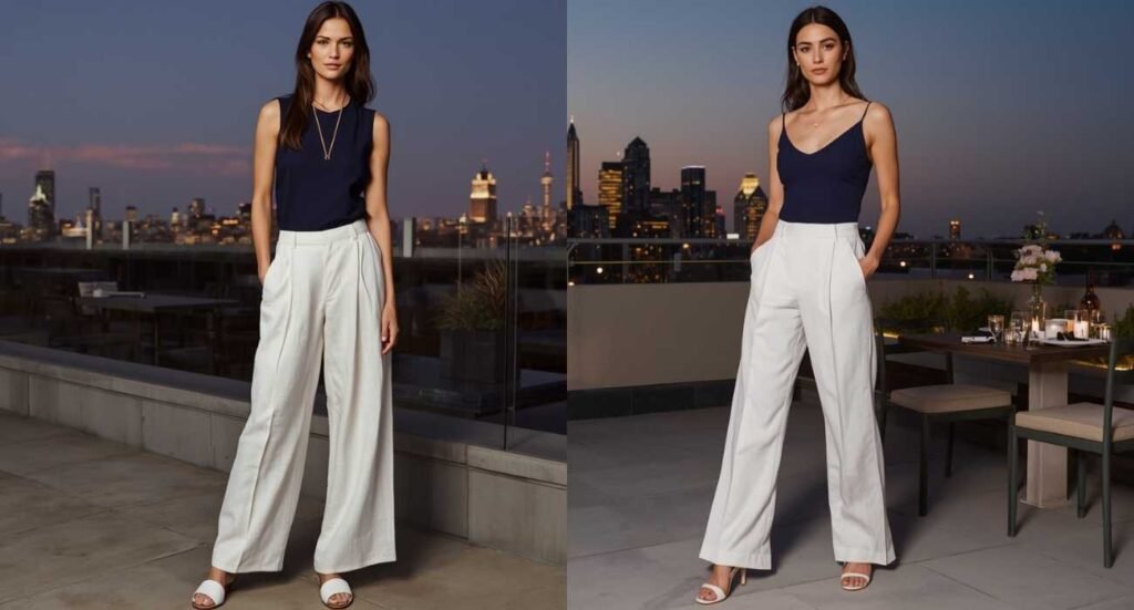 A minimalist and classy holiday look featuring a navy blue tank top tucked into structured white wide-leg trousers for chic 4th of July outfits.