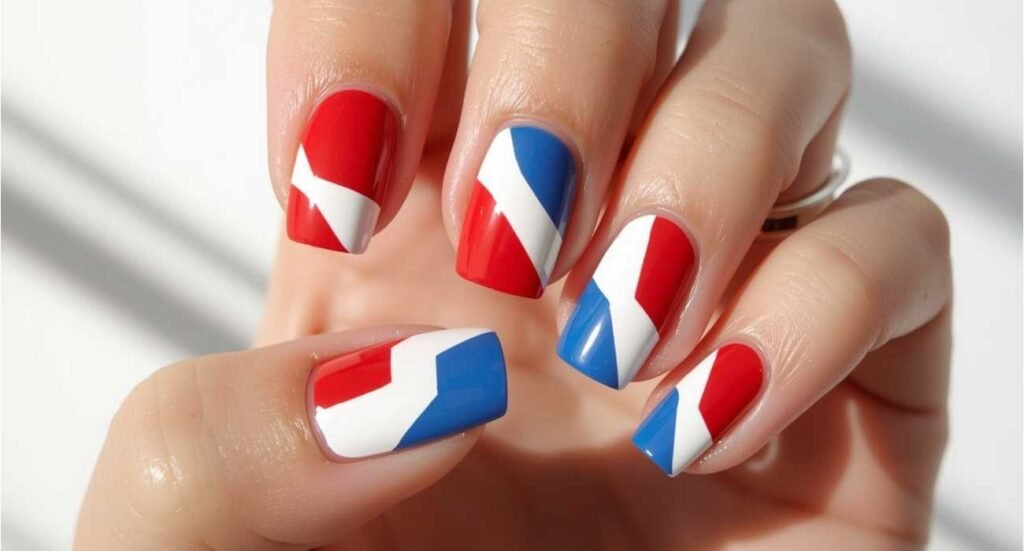 Modern abstract nail art with bold red, white, and royal blue geometric color blocking on squared nails.