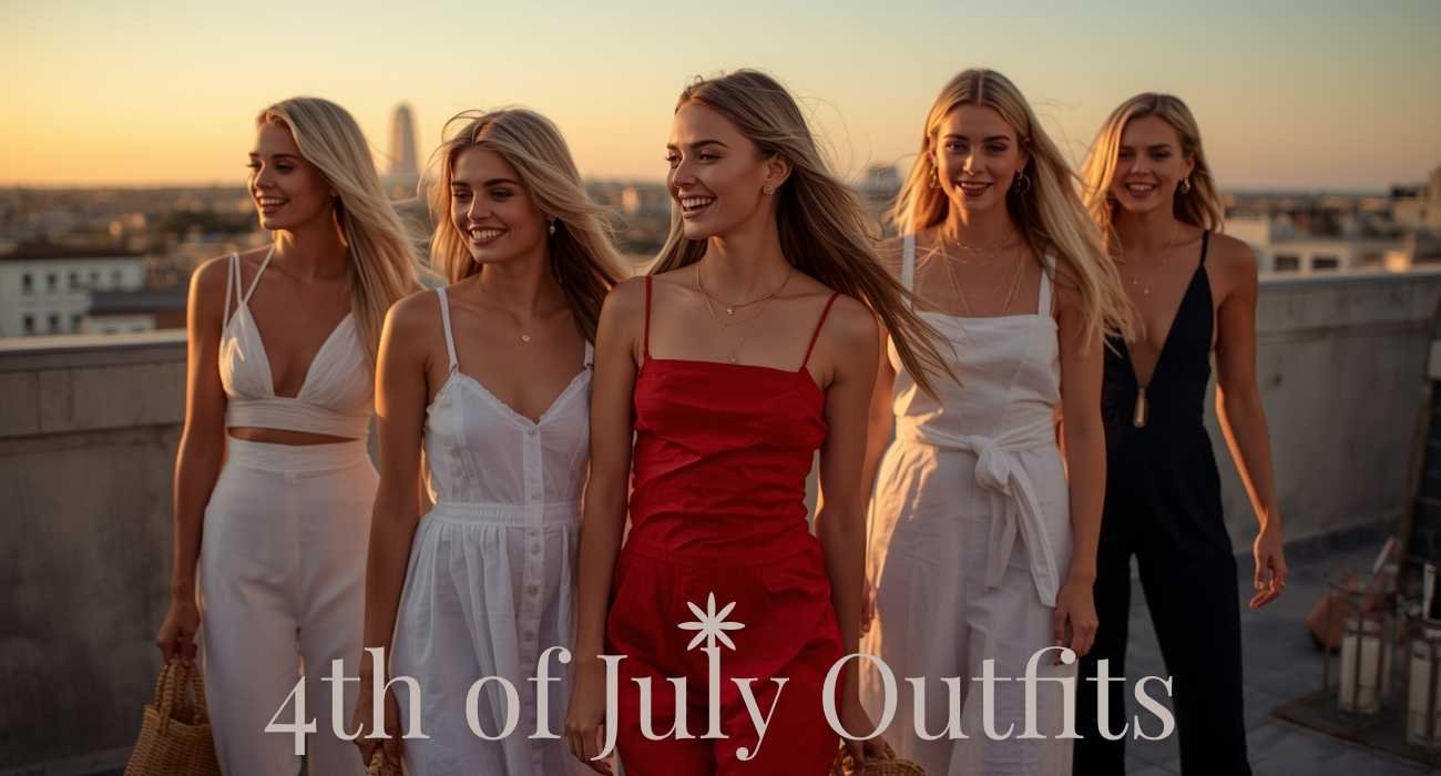 A group of women walking on a rooftop at golden hour wearing red, white, and blue summer dresses and jumpsuits with text overlay for 4th of July outfits.