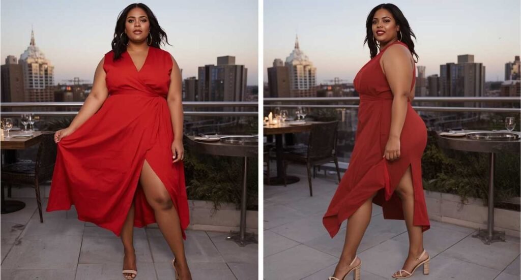 A curve model posing on a rooftop wearing a vibrant red wrap midi dress with a high slit, showcasing chic plus-size 4th of July outfits.