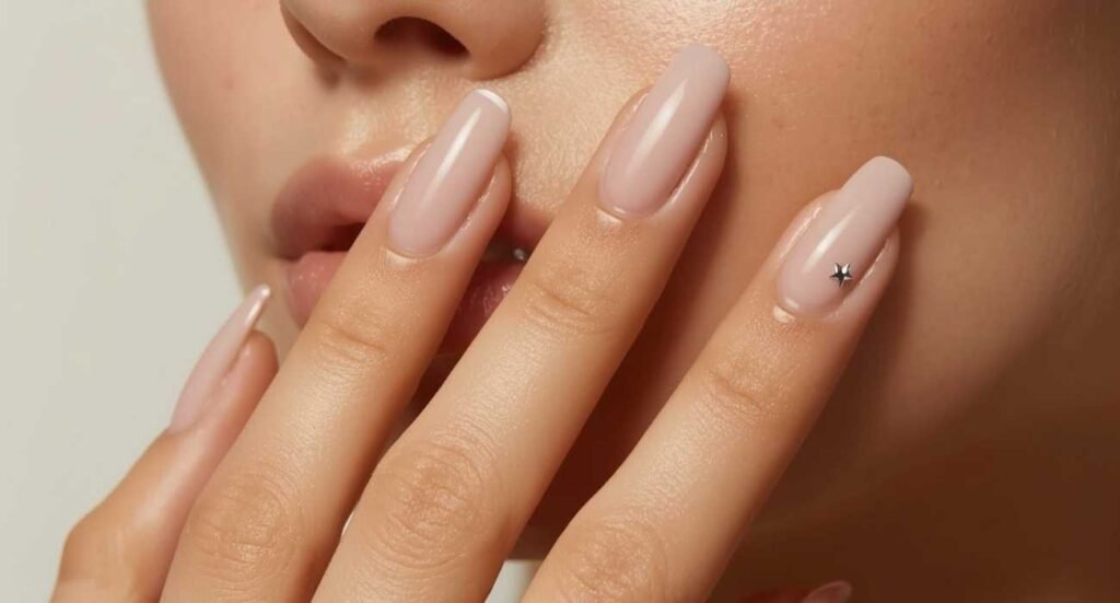 Minimalist 'quiet luxury' manicure with long nude coffin nails and a single tiny silver star accent.
