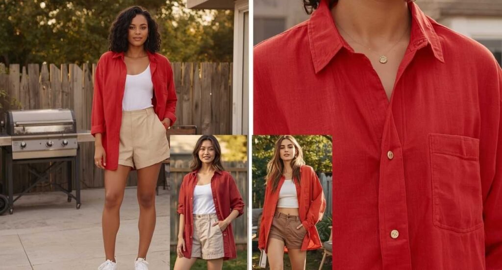 Women modeling a red linen button-down shirt worn open over a white tank top with khaki shorts for effortless 4th of July outfits.