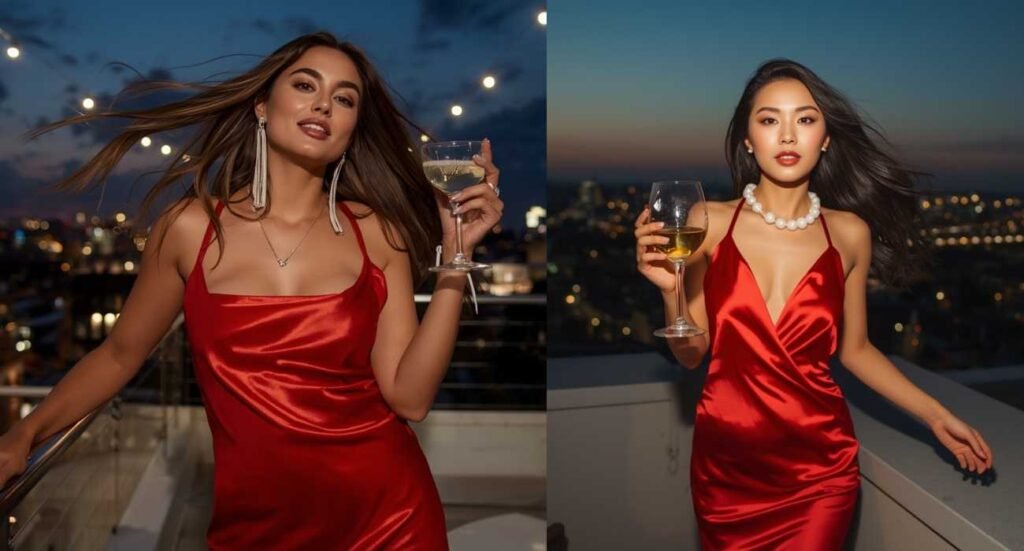 Women wearing elegant red satin slip dresses with statement jewelry on a rooftop at night, showcasing formal 4th of July outfits.