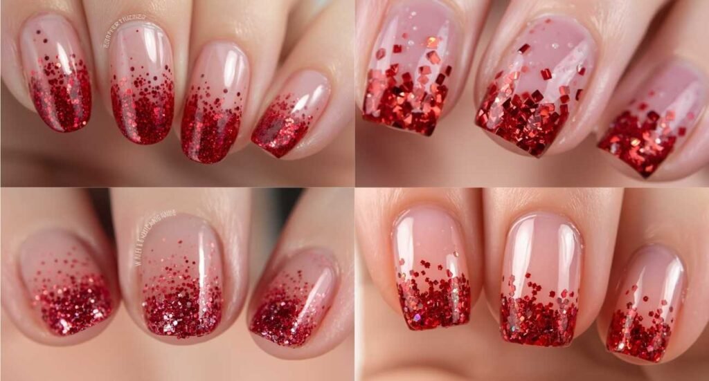 Festive red glitter gradient nails with chunky sequin accents fading into a clear base.