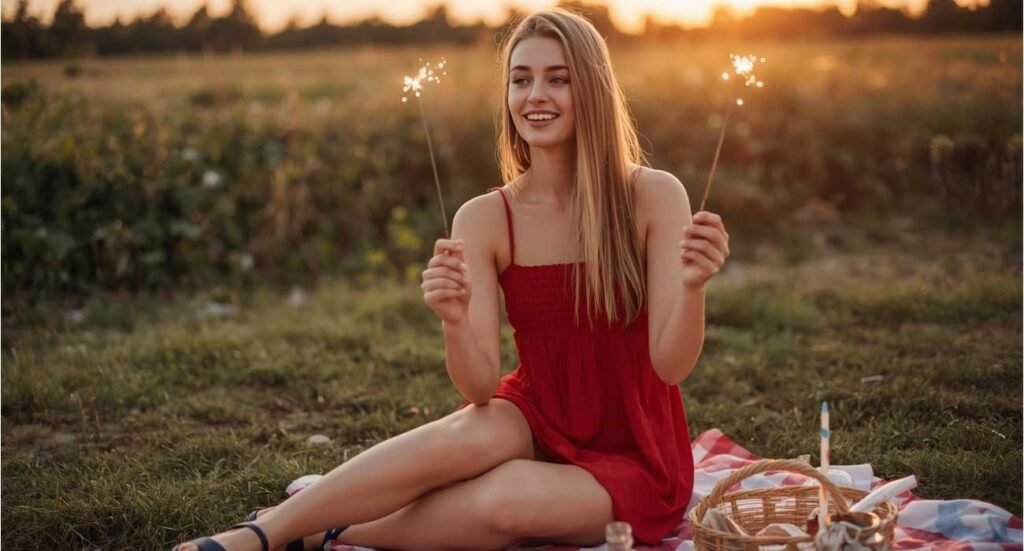 A smiling woman sitting on a picnic blanket holding sparklers at sunset, wearing a vibrant red smocked sundress for cute 4th of July outfits.