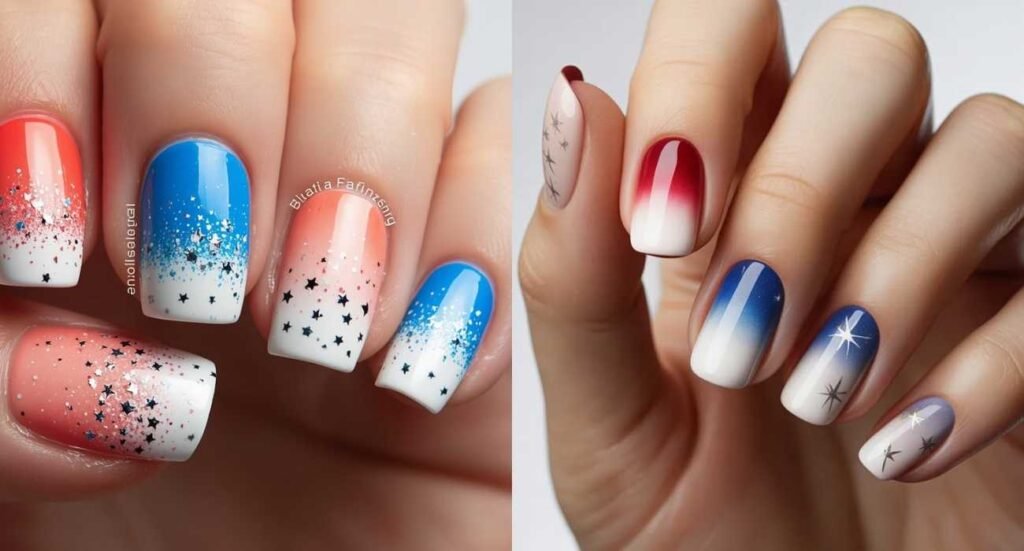 Patriotic nail art with red, white, and blue ombre gradients and small black star details.