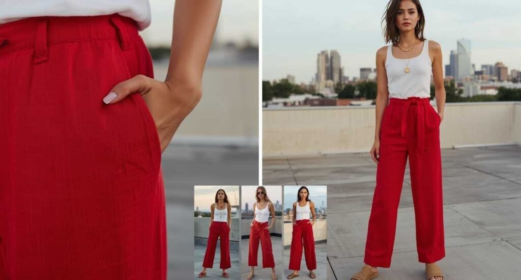 A chic summer look featuring high-waisted red wide-leg paperbag pants paired with a white tank top for stylish 4th of July outfits.