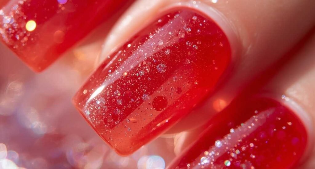 Close-up of translucent ruby red jelly nails infused with fine silver and red glitter.