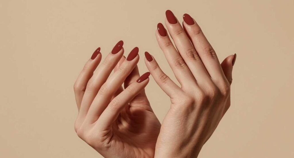 Sophisticated almond manicure featuring a glossy terracotta rust-colored polish on a neutral background.