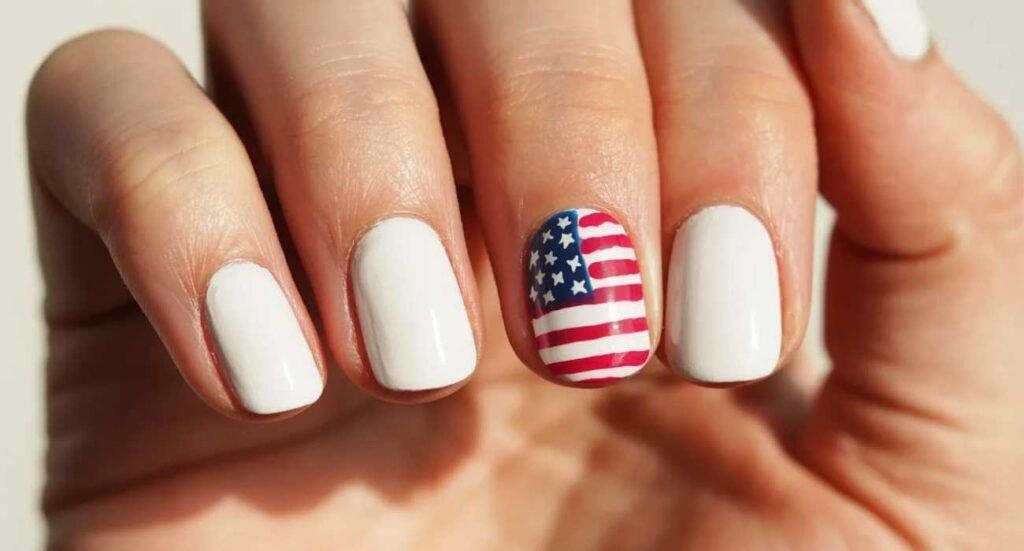 Crisp white manicure featuring a detailed American flag pattern on the middle finger accent nail.