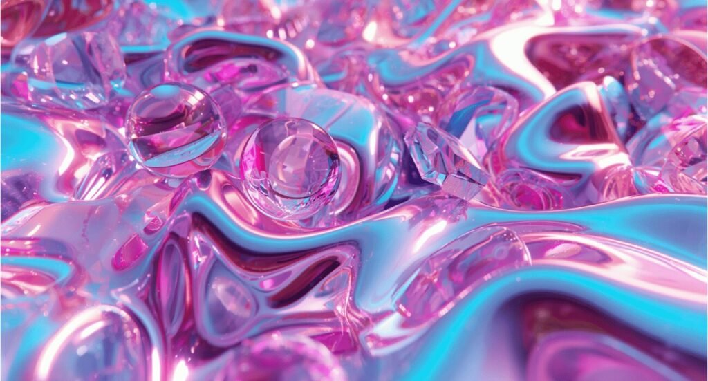 Abstract 3D liquid glass shapes with pink and blue iridescent crystal bubbles aesthetic wallpaper.
