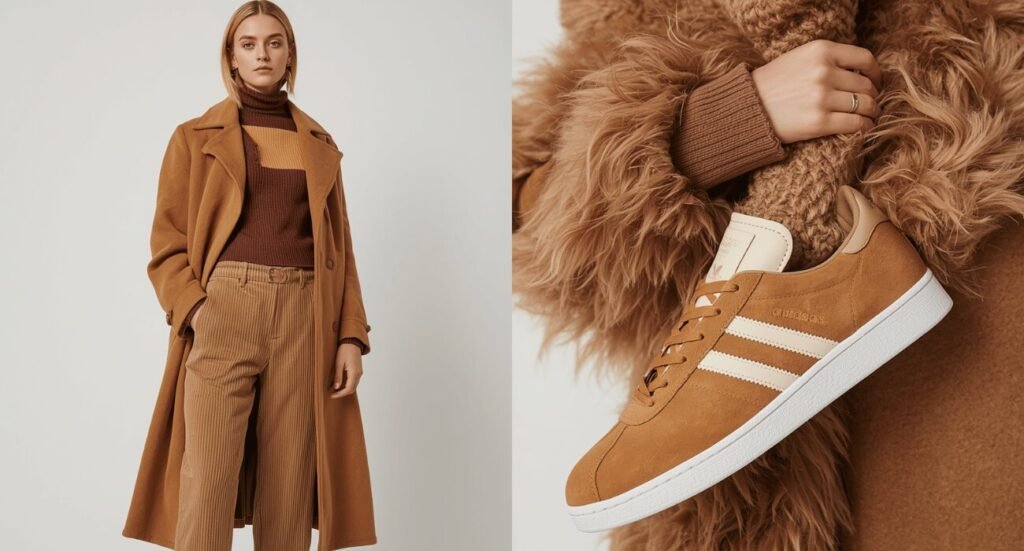 A cozy autumn look featuring monochrome brown hues, a textured teddy coat, tan corduroy trousers, and matching brown suede sneakers for seasonal adidas samba outfits.
