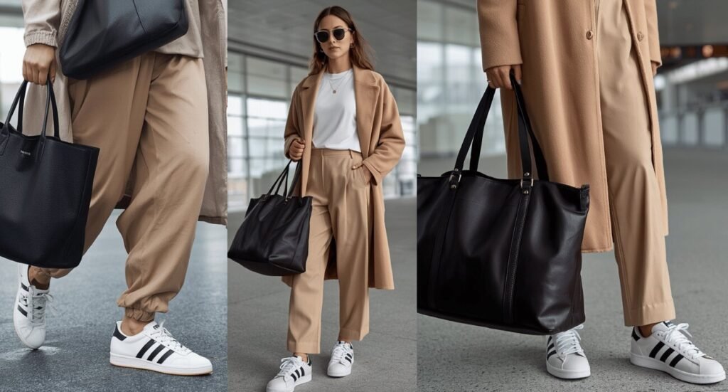 A chic airport travel look highlighting a long camel coat, relaxed beige jogger pants, and a large black leather tote bag, perfect for comfortable adidas samba outfits.