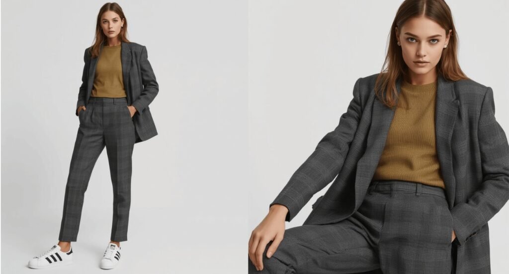 A woman posing in a professional yet modern grey plaid pantsuit paired with an olive green knit sweater, highlighting tailored adidas samba outfits.