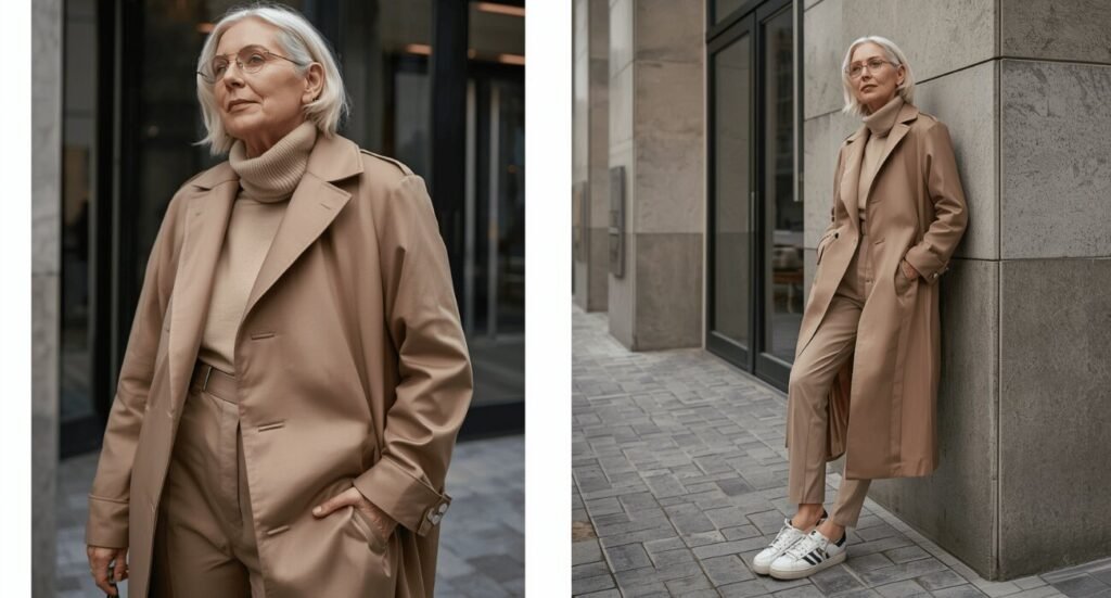 An elegant senior woman with white hair wearing a classic camel trench coat, a beige turtleneck sweater, and matching tailored trousers to create a sophisticated style for adidas samba outfits.