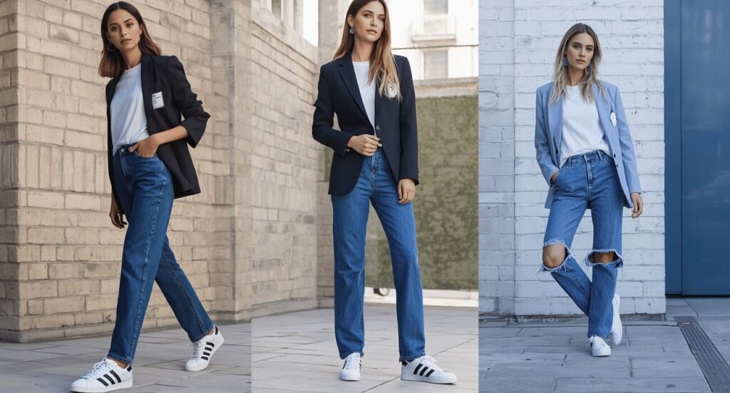 Three smart casual looks combining classic navy and light blue blazers with straight-leg blue jeans, perfect for trendy adidas samba outfits.