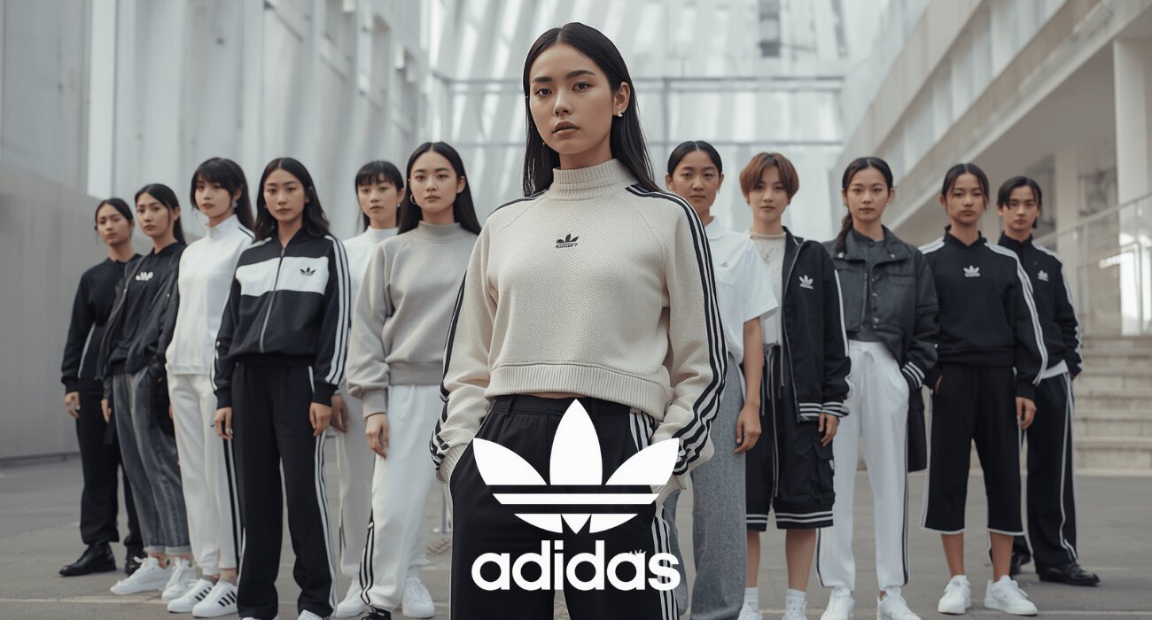 A group of women showcasing athletic streetwear styles and tracksuits for inspiration on adidas samba outfits, featuring the prominent white trefoil brand logo in the foreground.
