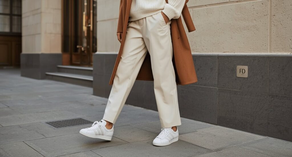 A close-up side angle of casual chic adidas samba outfits featuring cream tailored trousers paired with a long tan trench coat on a city sidewalk.