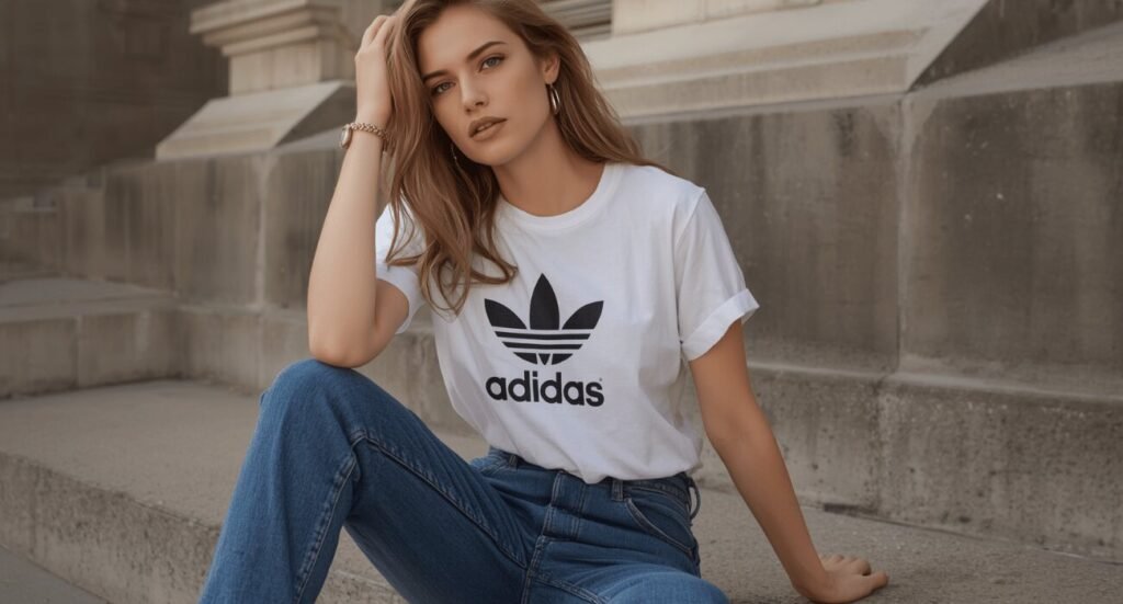 A woman sitting on concrete steps wearing a classic white trefoil logo graphic t-shirt and casual blue denim jeans, perfect for minimalist adidas samba outfits.
