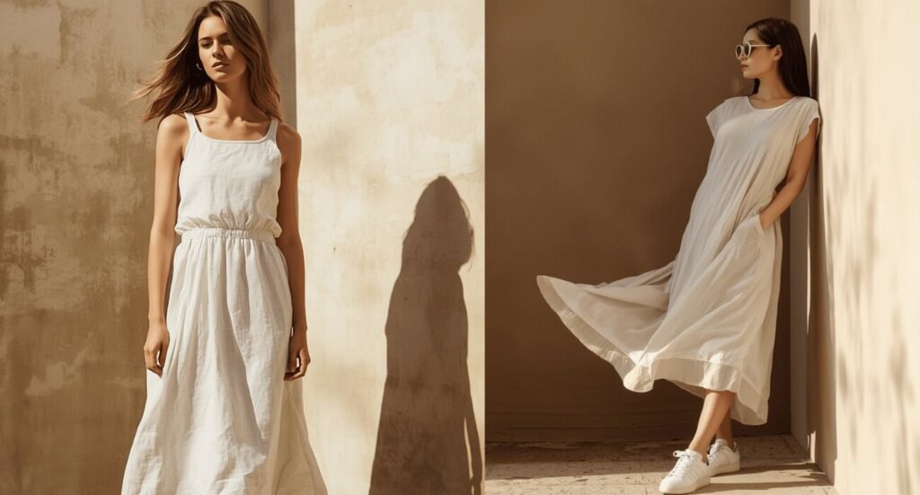 Minimalist summer aesthetic showcasing flowing white linen maxi dresses worn with white sneakers to inspire relaxed adidas samba outfits.
