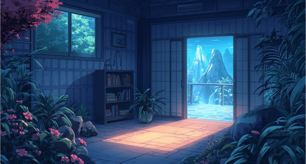 Cozy anime lofi style room interior at night with plants, a bookshelf, and a sliding door opening to a blue mountain view aesthetic wallpaper.