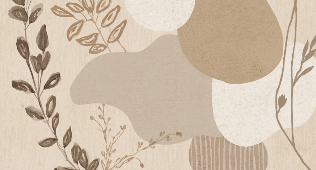 Abstract bohemian style beige and earth tone botanical leaf shapes aesthetic wallpaper.