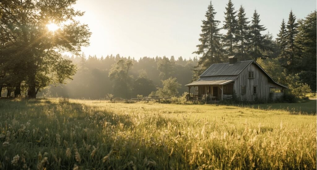 Rustic wooden cottage cabin in a sun-drenched grassy meadow forest aesthetic wallpaper.
