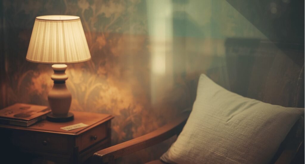 Cozy vintage room interior with a warm glowing lamp and armchair pillow aesthetic wallpaper.