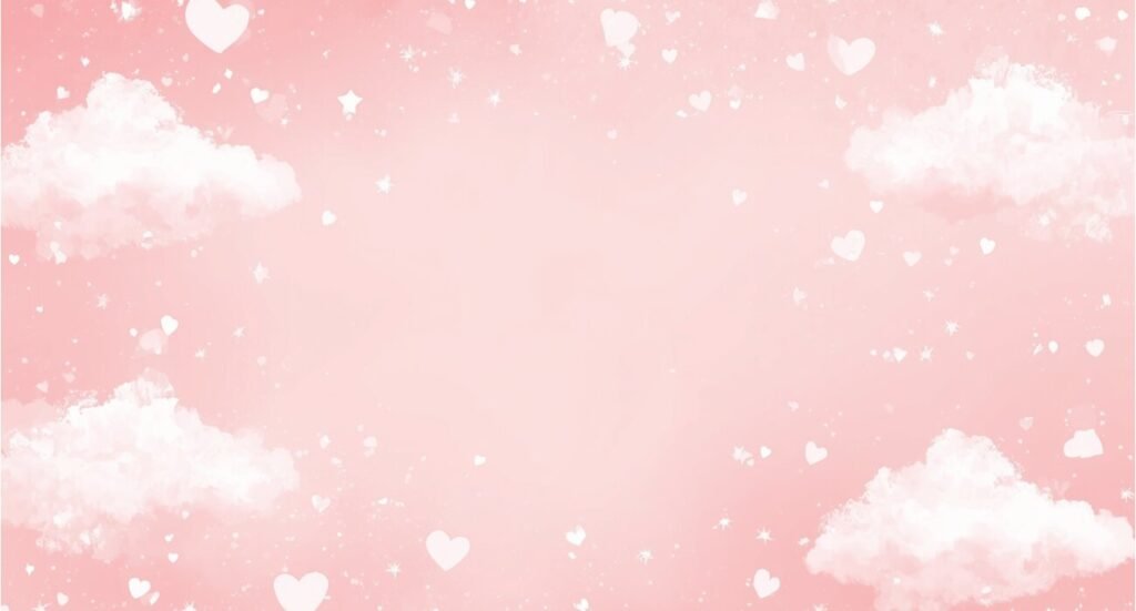 Whimsical light pink background with soft white clouds, stars, and floating hearts aesthetic wallpaper.