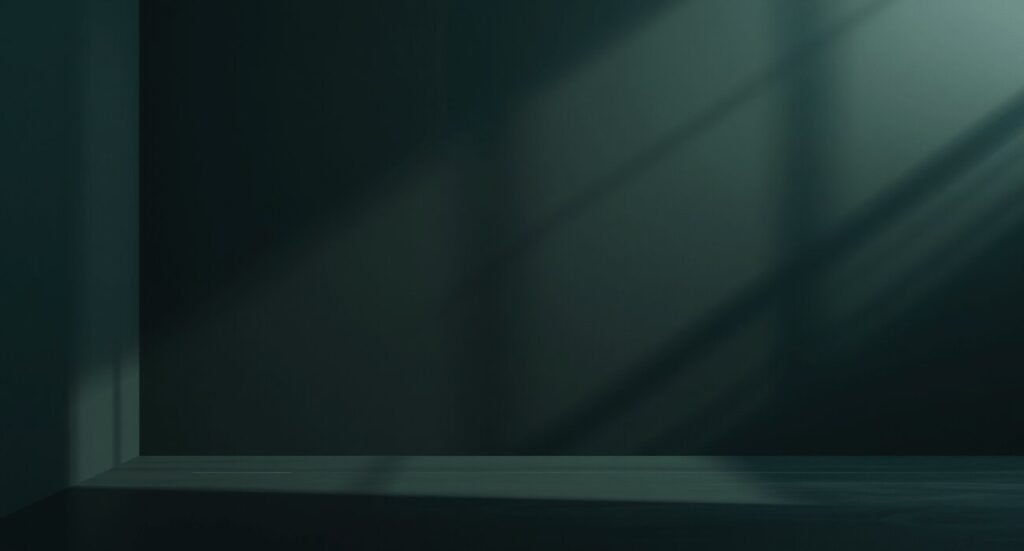 Deep dark green minimalist empty room wall with window light shadows aesthetic wallpaper.