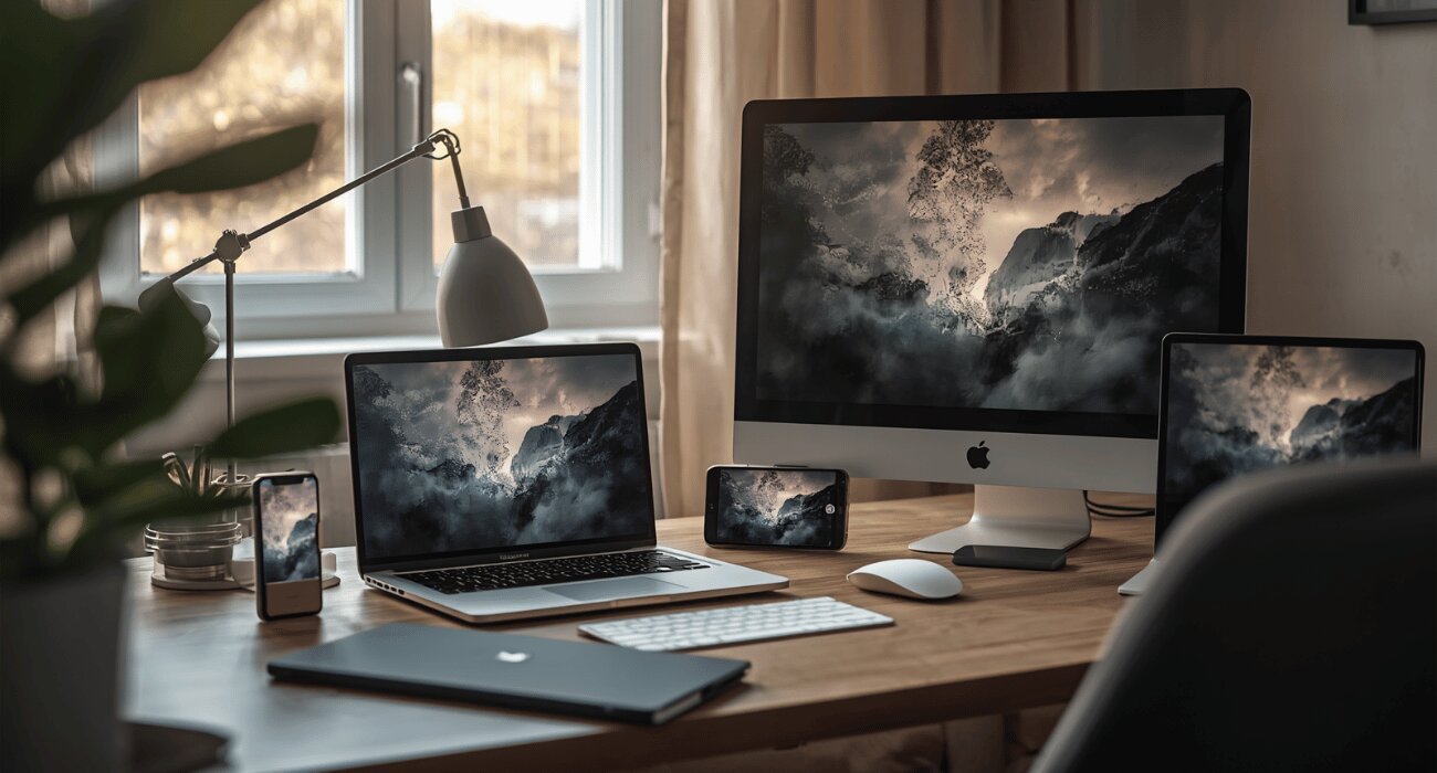 Modern minimalist wooden desk workspace setup featuring computer monitors and laptops displaying dark cloud aesthetic wallpaper.